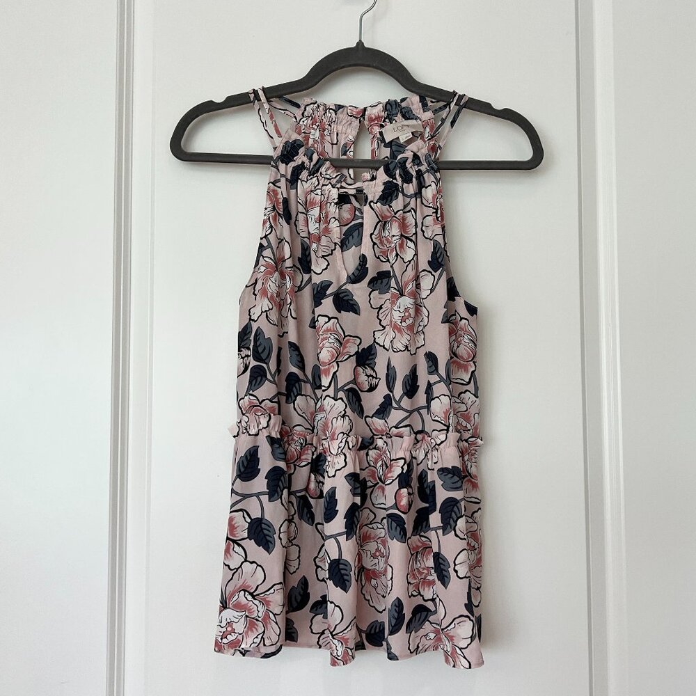 Loft Outlet Sleeveless Floral Top Keyhole Back Ruffle Trim Pink & Gray S